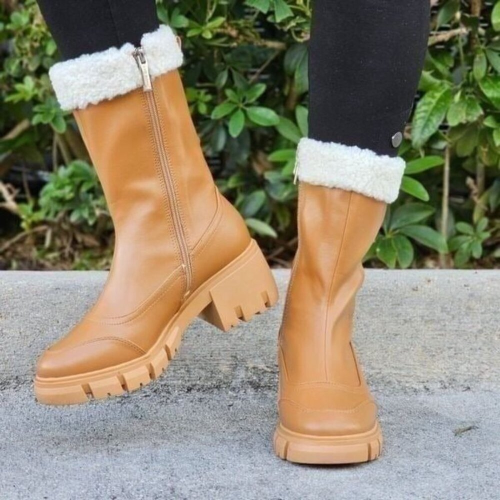 Women’s Tan Sherpa Faux Fur Ankle Booties Pull On with Side Zipper - Picture 1 of 5